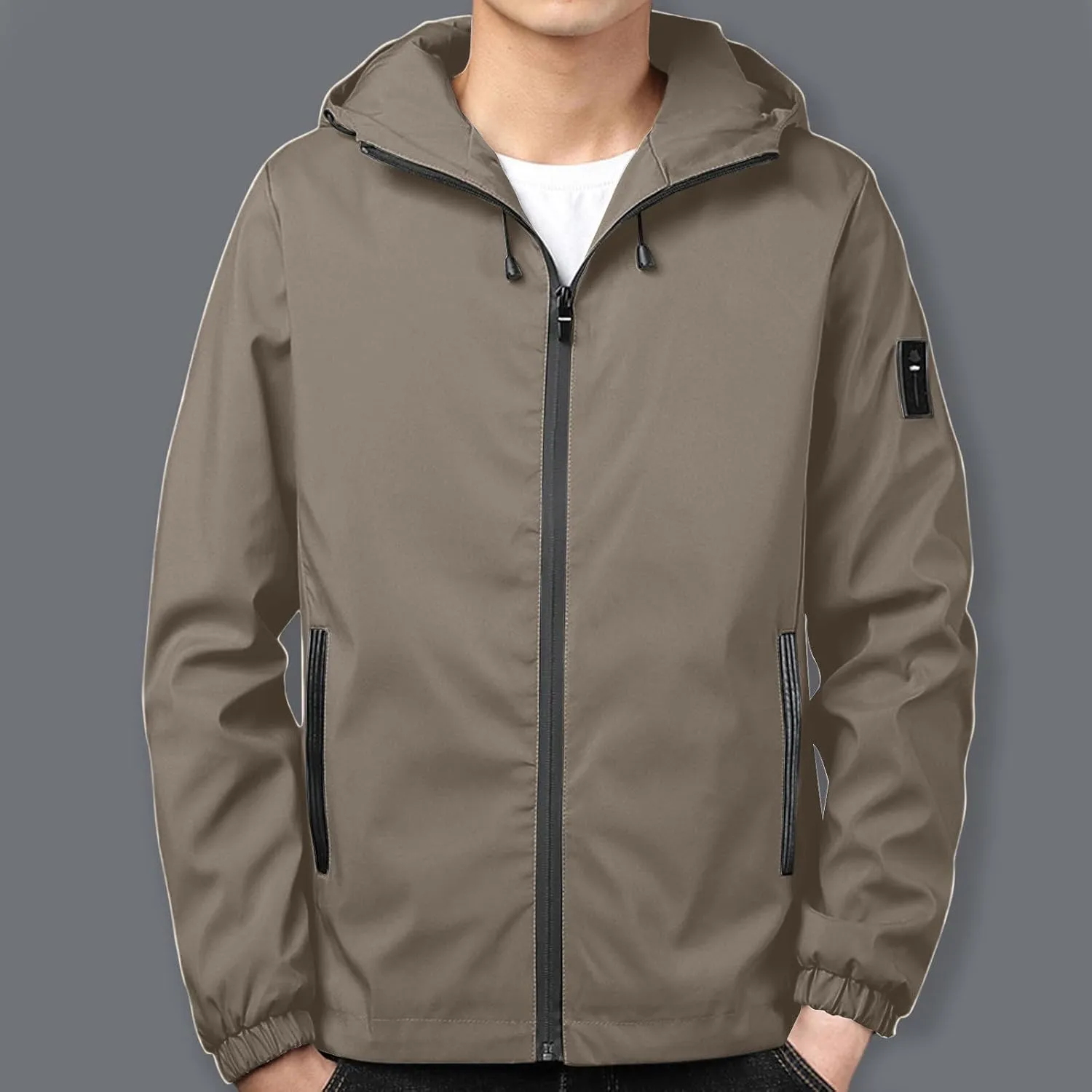 Men Rain Jacket Lightweight Hooded Windbreaker Waterproof Outdoor Sports Hiking Raincoat Long Sleeve Zip Coat Outwear