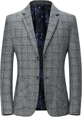 Mens Casual Suit Blazer Jackets Slim Fit Plaid Business Sports Coat One Button Suit Jacket Lightweight Wedding
