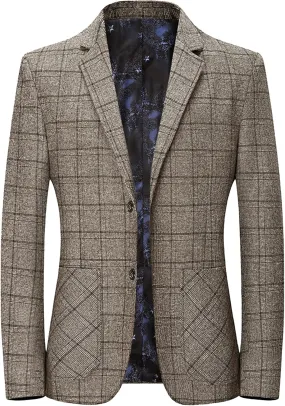 Mens Casual Suit Blazer Jackets Slim Fit Plaid Business Sports Coat One Button Suit Jacket Lightweight Wedding