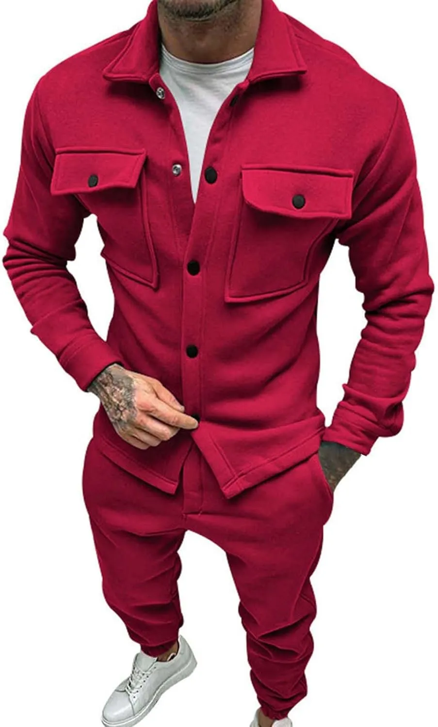 Men's Casual Tracksuit Athletic Sweatsuits Suit Roll Sleeve Shirt Pants Set Men's Tracksuit Sweatsuits 2 Piece Set
