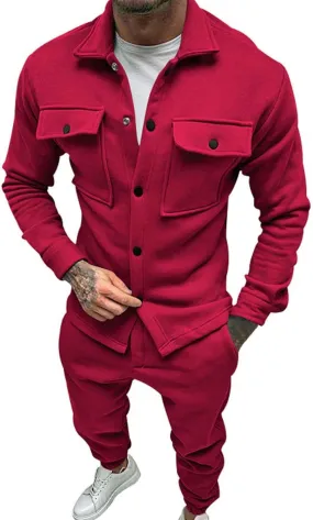Men's Casual Tracksuit Athletic Sweatsuits Suit Roll Sleeve Shirt Pants Set Men's Tracksuit Sweatsuits 2 Piece Set