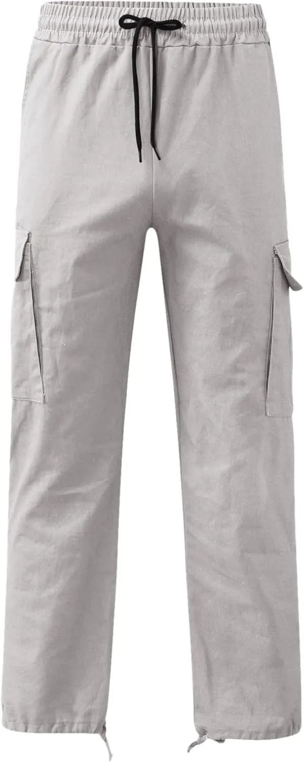 Men's Heavyweight Cargo Pants Elastic Waist Drawstring Jogger Sweatpants Straight Multi Pockets Outdoor Sports Trousers
