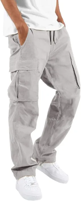 Men's Heavyweight Cargo Pants Elastic Waist Drawstring Jogger Sweatpants Straight Multi Pockets Outdoor Sports Trousers