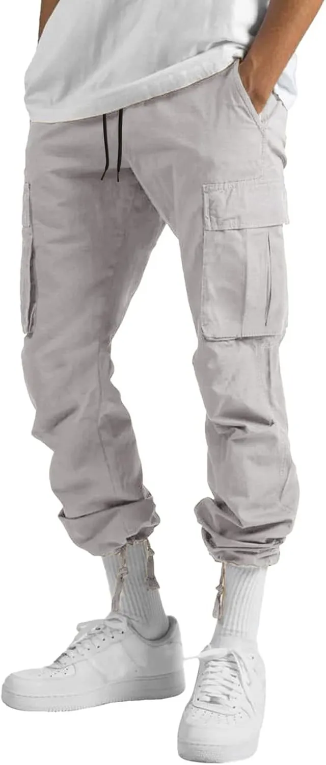 Men's Heavyweight Cargo Pants Elastic Waist Drawstring Jogger Sweatpants Straight Multi Pockets Outdoor Sports Trousers