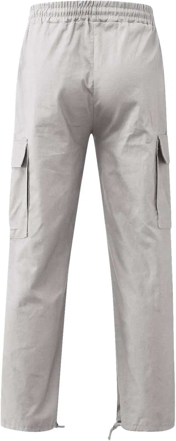 Men's Heavyweight Cargo Pants Elastic Waist Drawstring Jogger Sweatpants Straight Multi Pockets Outdoor Sports Trousers