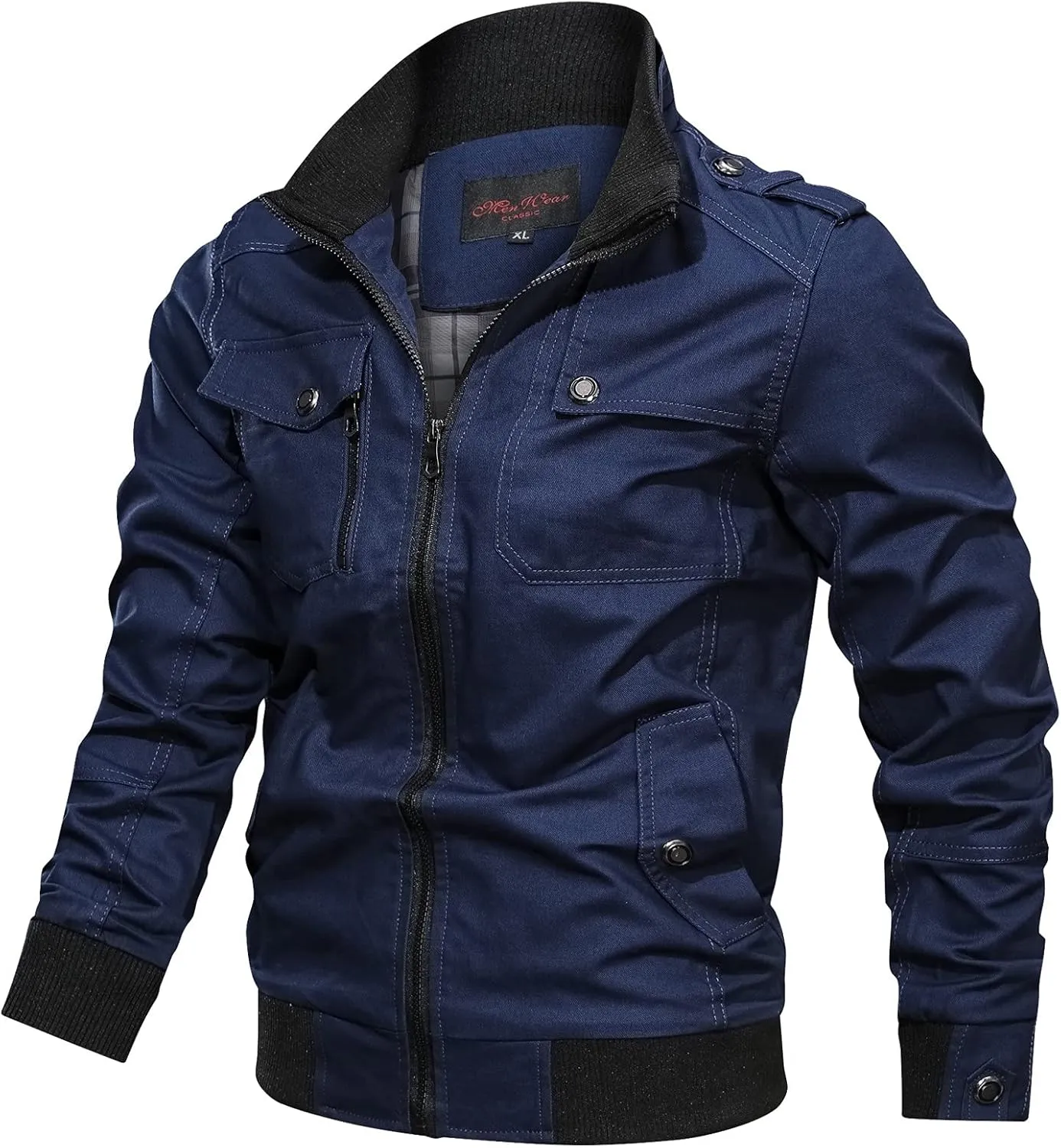 Mens Multi Pockets Tactical Jackets Military Zip Up Jackets Stand Collar Casual Loose Sports Coat Cargo Windbreaker