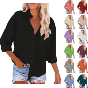 Summer Cotton Linen Shirts for Women Trendy Casual Long Sleeve Button Oversized Tshirts Ladies Work Tops