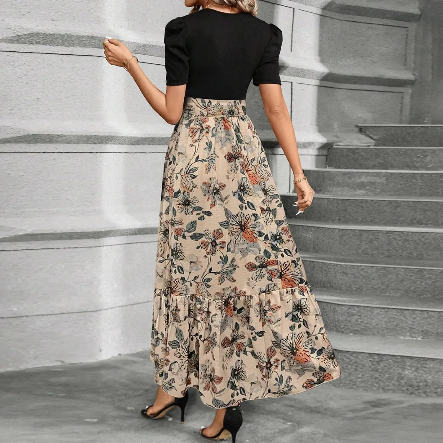 Summer Dresses for Women 2025 Casual V-Neck Tshirt Dress Aline Beach Midi Dresses Floral Flowy Short Sleeve Dress