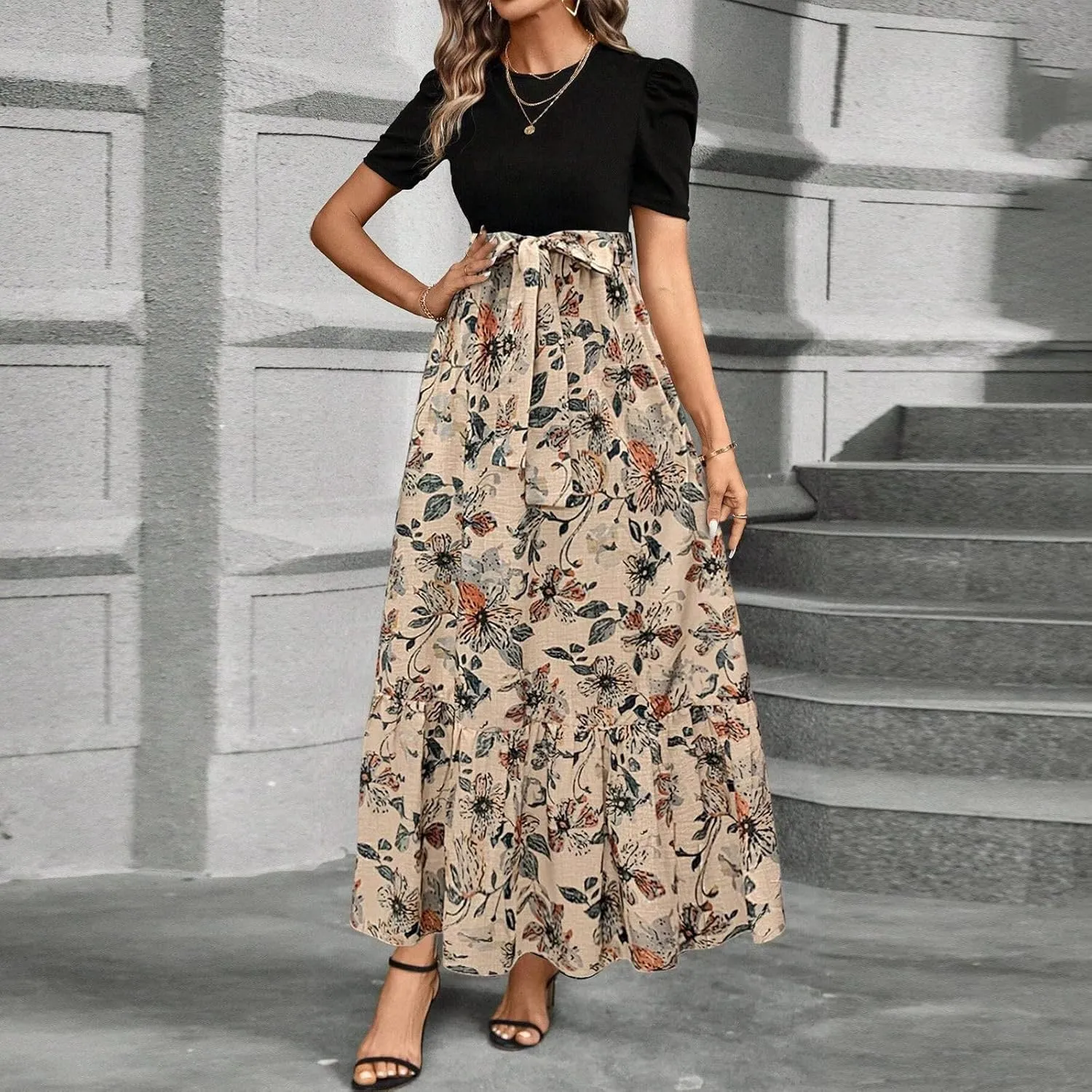 Summer Dresses for Women 2025 Casual V-Neck Tshirt Dress Aline Beach Midi Dresses Floral Flowy Short Sleeve Dress
