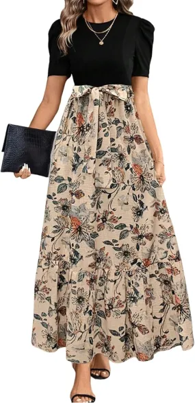 Summer Dresses for Women 2025 Casual V-Neck Tshirt Dress Aline Beach Midi Dresses Floral Flowy Short Sleeve Dress