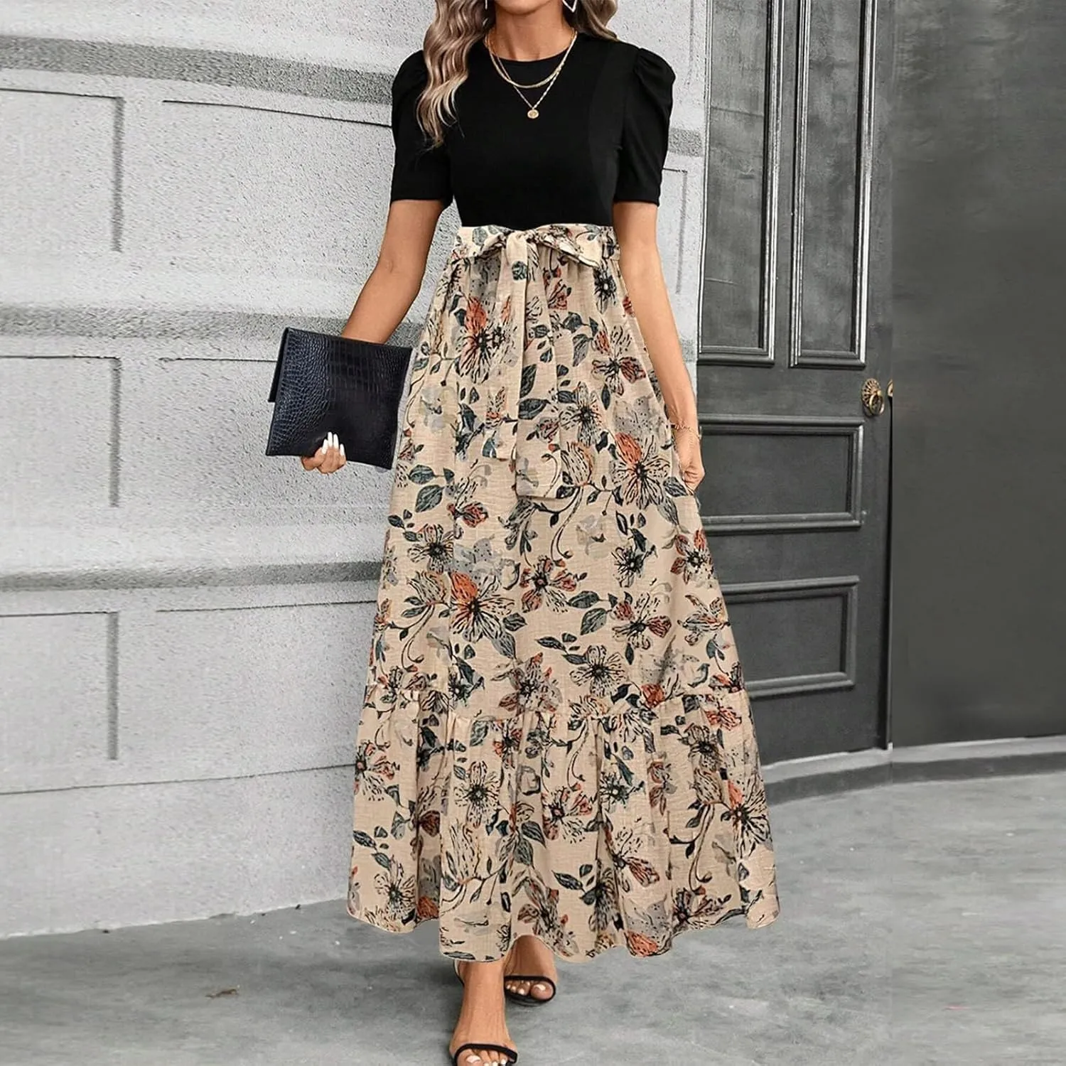 Summer Dresses for Women 2025 Casual V-Neck Tshirt Dress Aline Beach Midi Dresses Floral Flowy Short Sleeve Dress