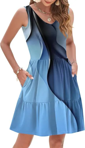 Summer Dresses for Women 2025 Printed Beach Vacation Dress Loose Fit V Neck Sundress Casual Tank Dress with Pockets