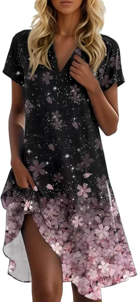 Summer Dresses for Women Casual Short Sleeve Print Sundresses V Neck T Shirt Dress Loose Beach Vacation Dress