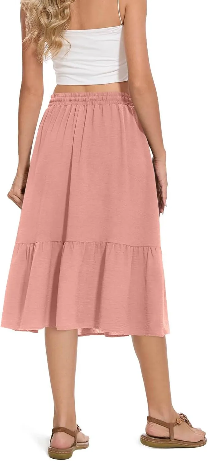 TANGNADE Womens Skirts Summer Midi Length High Waist Drawstring Casual Beach Ruffle Tiered Skirt Dress with Pockets
