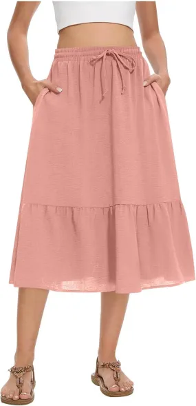 TANGNADE Womens Skirts Summer Midi Length High Waist Drawstring Casual Beach Ruffle Tiered Skirt Dress with Pockets