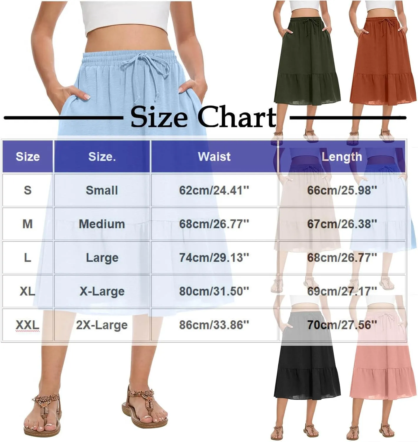 TANGNADE Womens Skirts Summer Midi Length High Waist Drawstring Casual Beach Ruffle Tiered Skirt Dress with Pockets