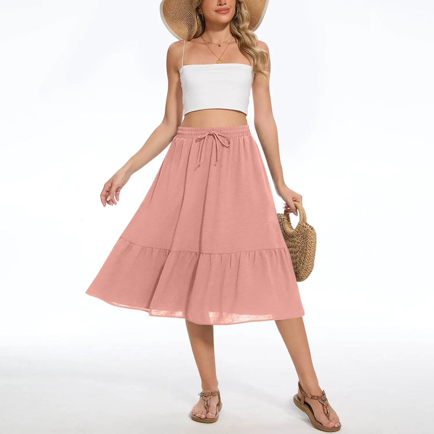 TANGNADE Womens Skirts Summer Midi Length High Waist Drawstring Casual Beach Ruffle Tiered Skirt Dress with Pockets