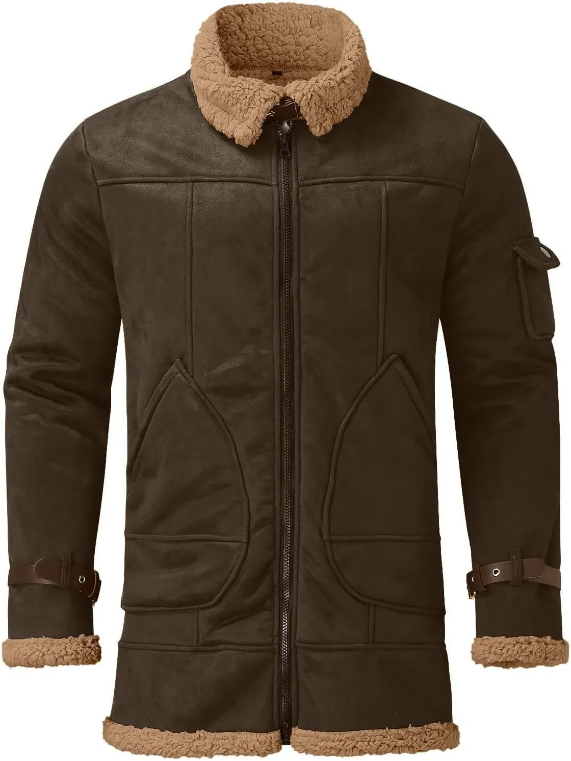 Winter Coat for Men Warm Fleece Lined Coat Moto Vintage Bomber Jacket Sherpa Lined Sheepskin Jacket with Fur Collar