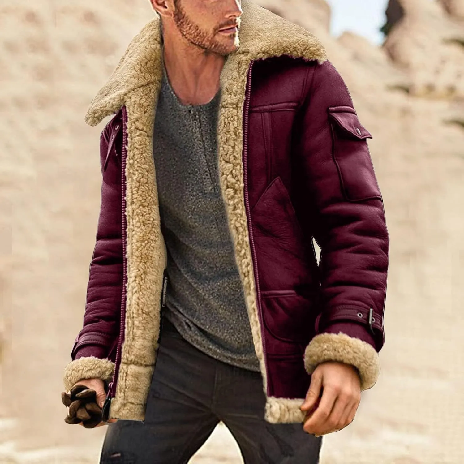 Winter Coat for Men Warm Fleece Lined Coat Moto Vintage Bomber Jacket Sherpa Lined Sheepskin Jacket with Fur Collar