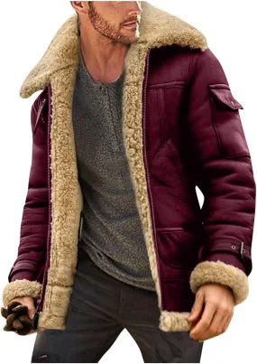 Winter Coat for Men Warm Fleece Lined Coat Moto Vintage Bomber Jacket Sherpa Lined Sheepskin Jacket with Fur Collar