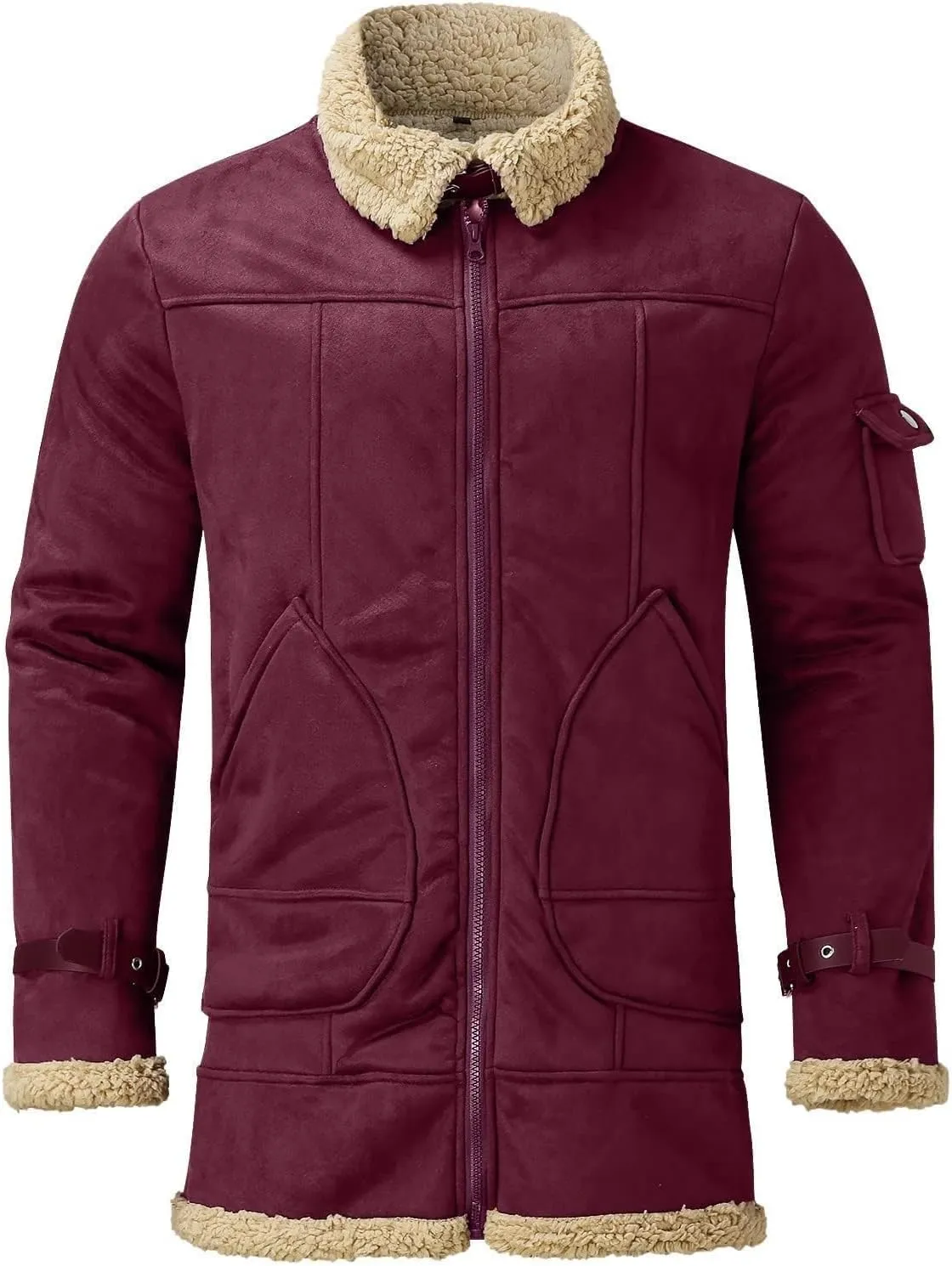 Winter Coat for Men Warm Fleece Lined Coat Moto Vintage Bomber Jacket Sherpa Lined Sheepskin Jacket with Fur Collar