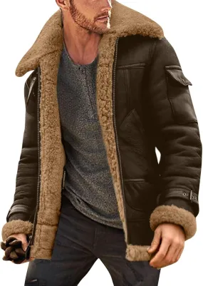 Winter Coat for Men Warm Fleece Lined Coat Moto Vintage Bomber Jacket Sherpa Lined Sheepskin Jacket with Fur Collar