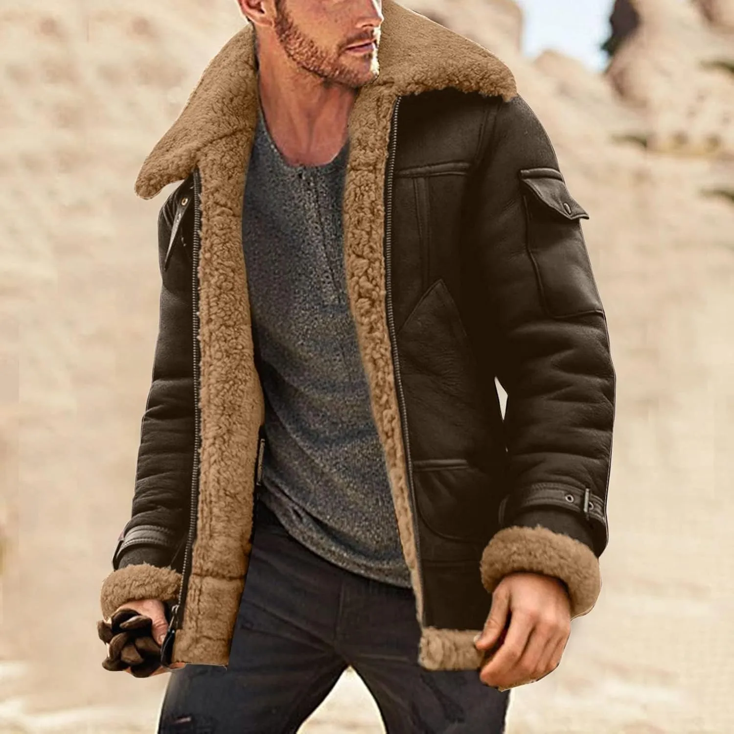 Winter Coat for Men Warm Fleece Lined Coat Moto Vintage Bomber Jacket Sherpa Lined Sheepskin Jacket with Fur Collar