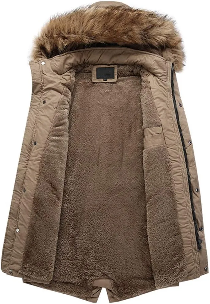 Winter Men Long Jackets Warm Thick Coat Casual Parka Long Fur Collar Fleece Windproof Hooded Jackets