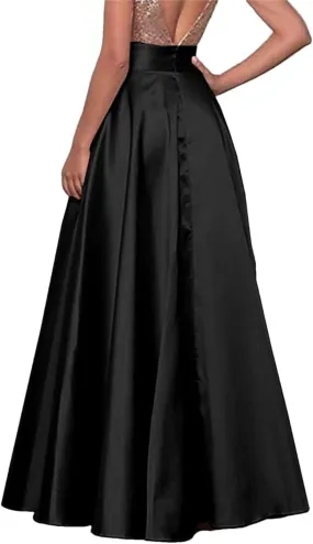 Women Bohemian Satin Silk Long Skirts Cotton Solid Loose Elastic Waist Oversized Casual Skirts
