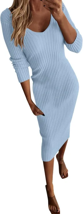 Women Casual Dresses Elegent Long Sleeve V Neck Bodycon Midi Dress Formal Slim Pencil Evening Party Dress