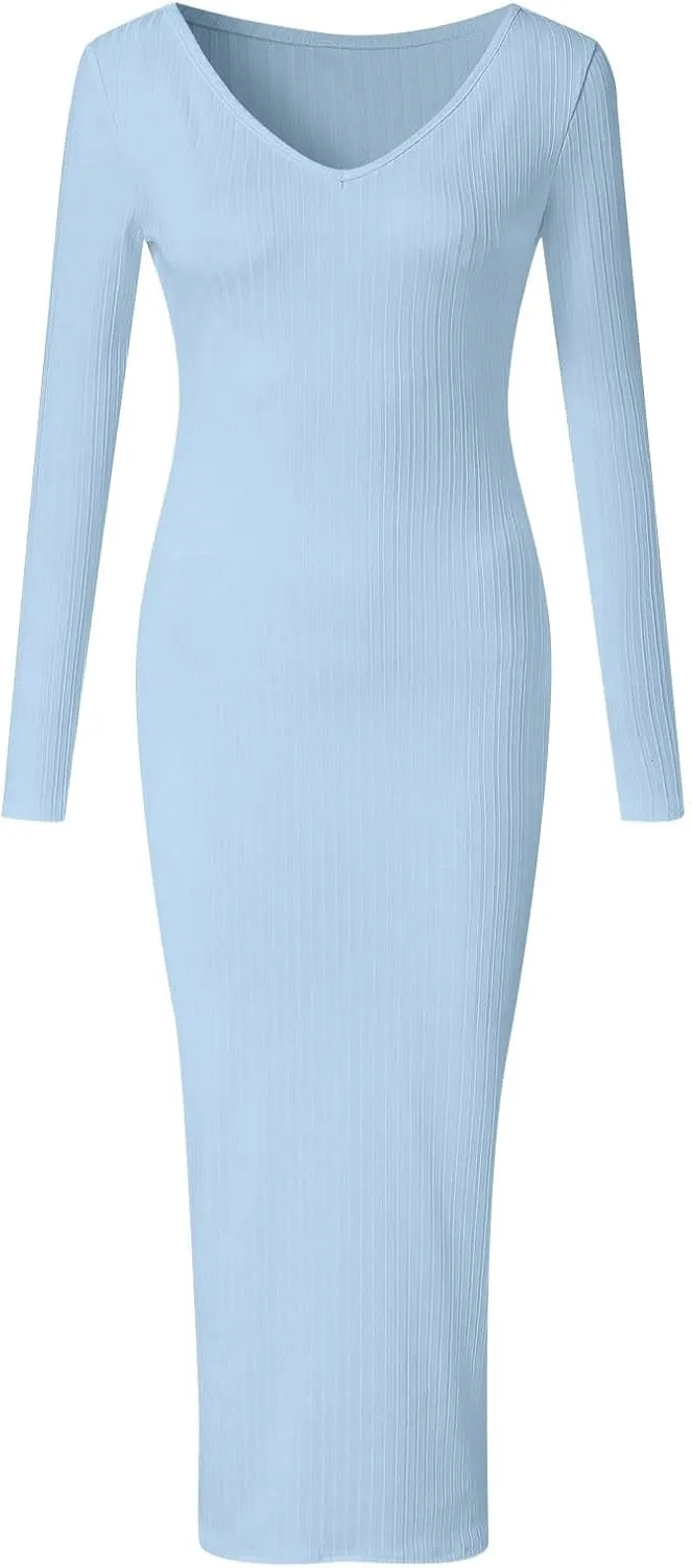 Women Casual Dresses Elegent Long Sleeve V Neck Bodycon Midi Dress Formal Slim Pencil Evening Party Dress