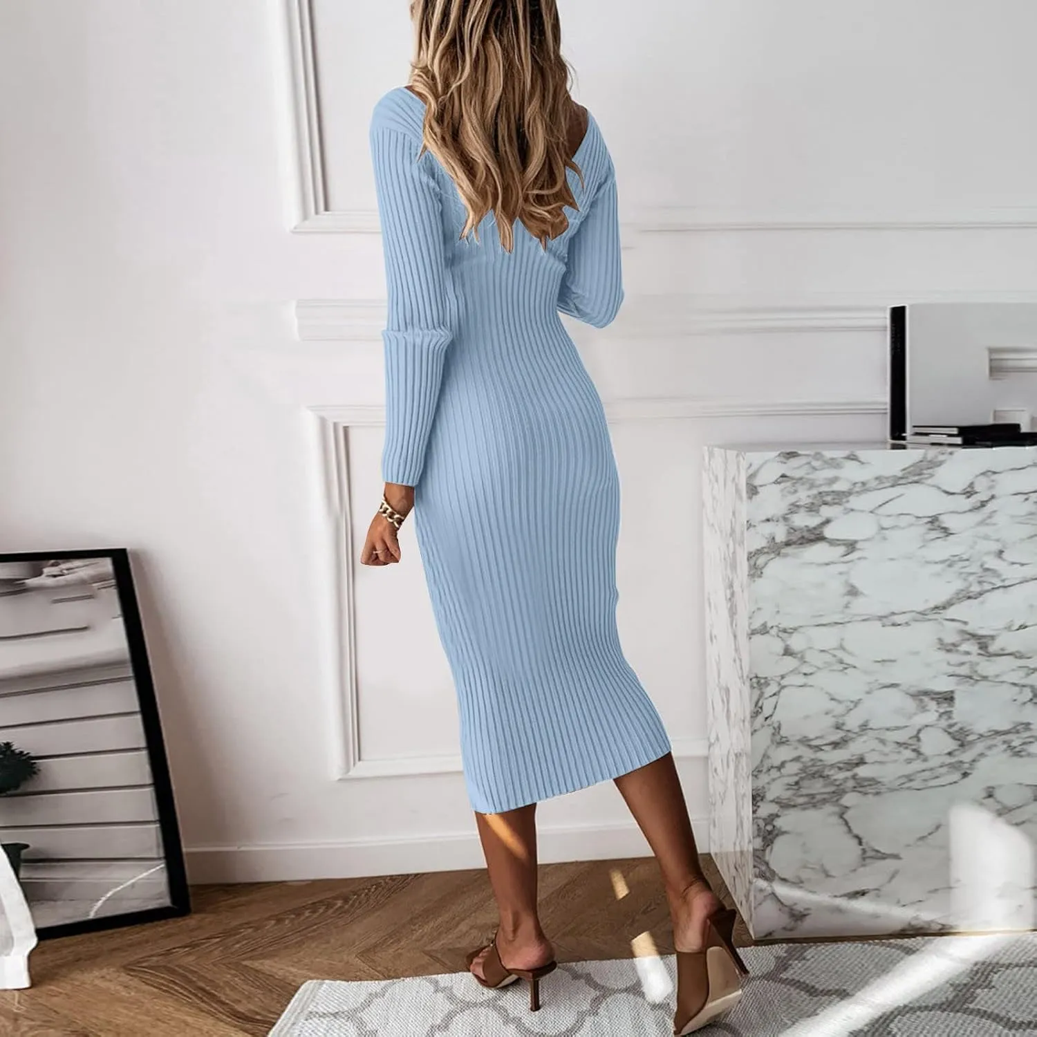Women Casual Dresses Elegent Long Sleeve V Neck Bodycon Midi Dress Formal Slim Pencil Evening Party Dress