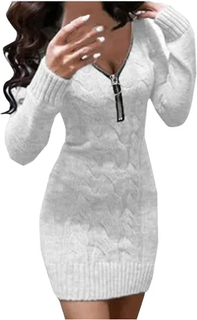 Womens Cable Knit Sweater Dress Half Zip Long Sleeve Sexy Bodycon Mock Neck Chunky Mini Knitted Bodycon Dresses