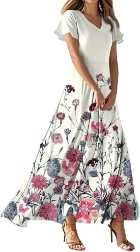 Womens Dresses Summer 2025 Fashion Midi Dress Floral Sleeve V Neck Long Flowy Boho Casual Beach Vacation Dress