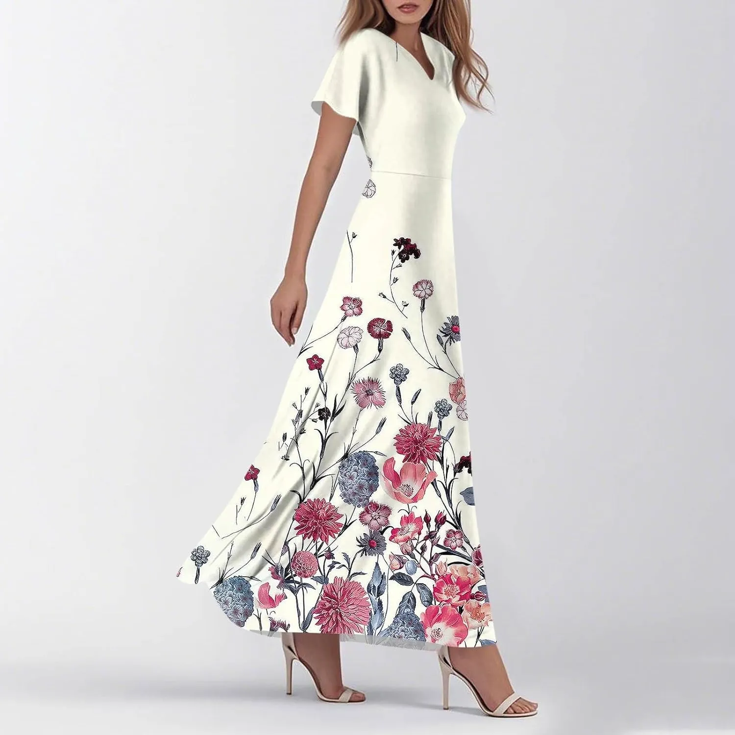 Womens Dresses Summer 2025 Fashion Midi Dress Floral Sleeve V Neck Long Flowy Boho Casual Beach Vacation Dress