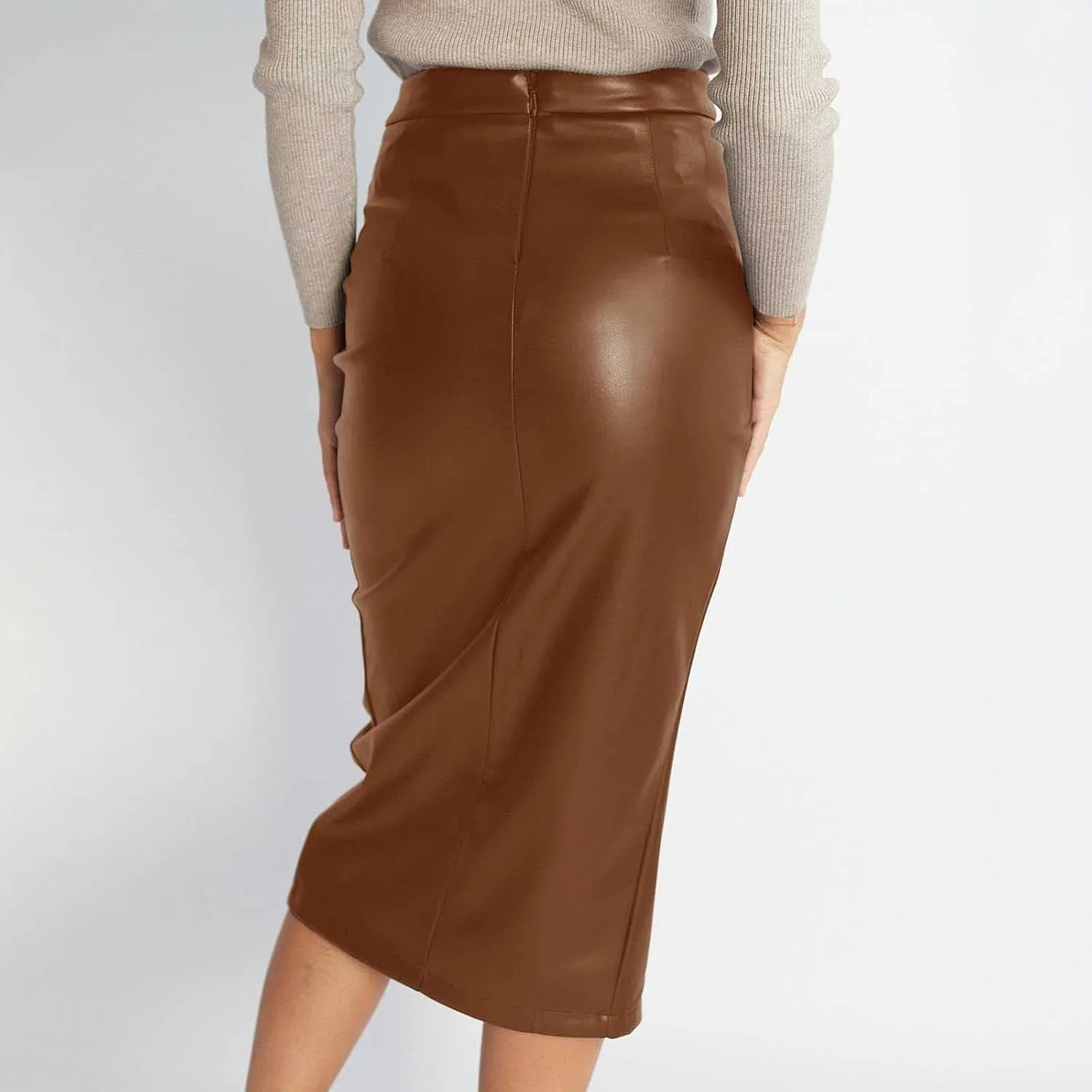 Women's Faux Leather Midi Skirt High Waisted Front Slit Ruched Summer Casual Party Business Club Bodycon Long Skirts
