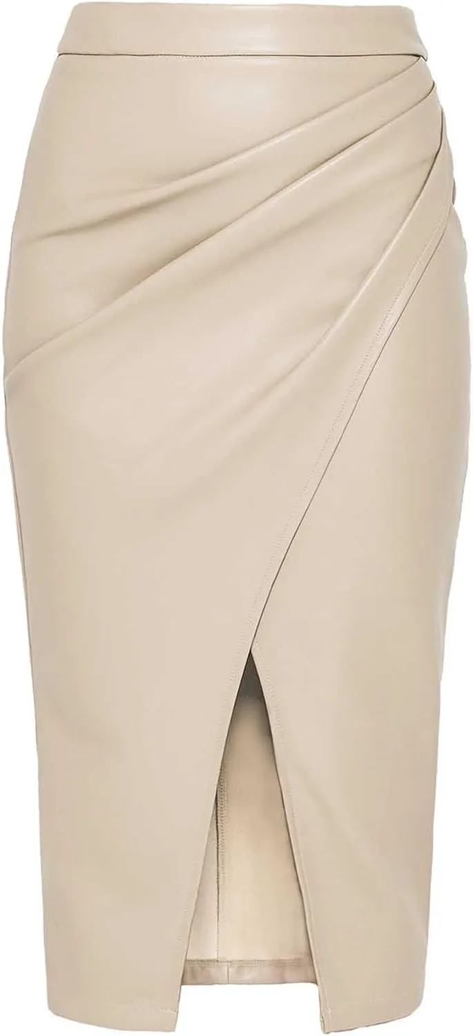 Women's Faux Leather Midi Skirt High Waisted Front Slit Ruched Summer Casual Party Business Club Bodycon Long Skirts