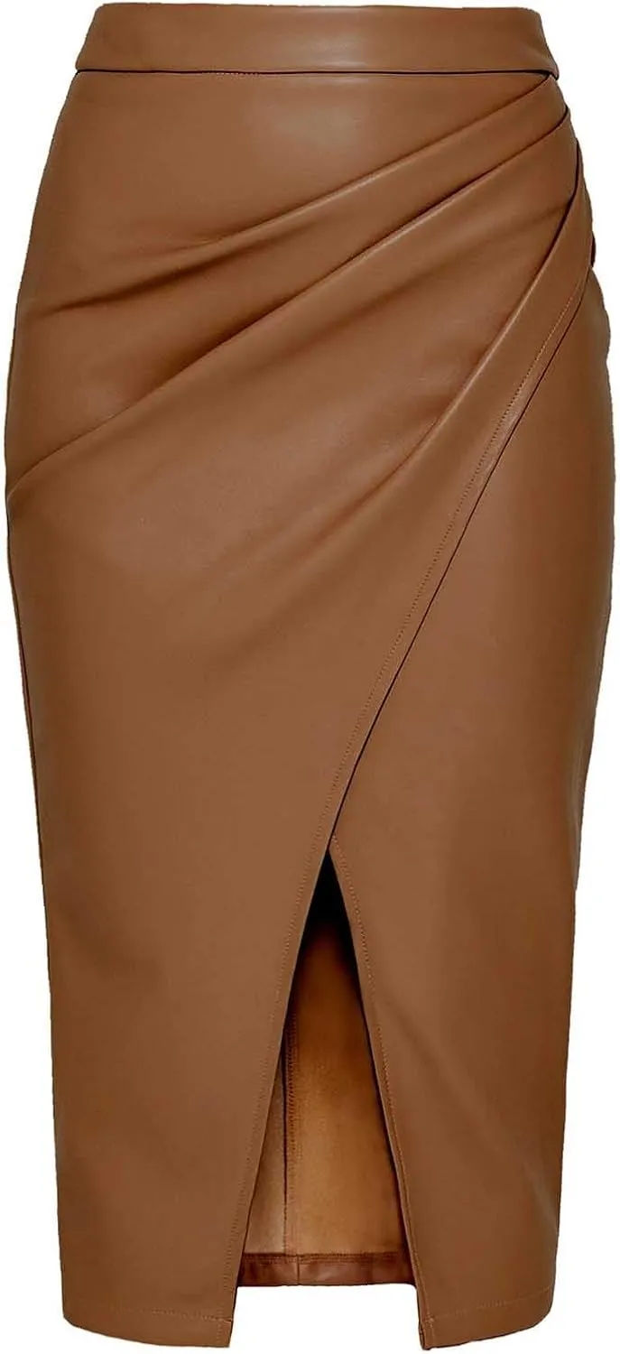 Women's Faux Leather Midi Skirt High Waisted Front Slit Ruched Summer Casual Party Business Club Bodycon Long Skirts