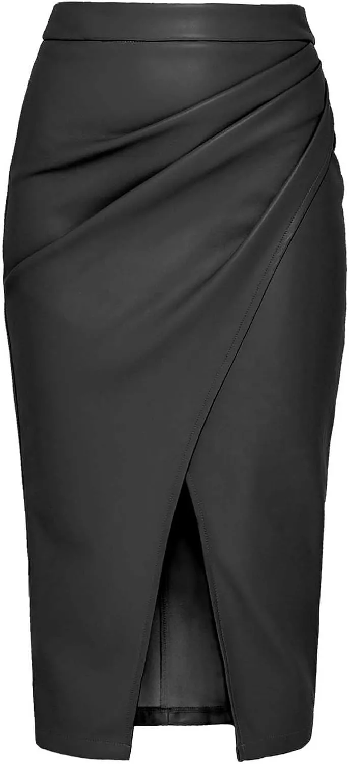 Women's Faux Leather Midi Skirt High Waisted Front Slit Ruched Summer Casual Party Business Club Bodycon Long Skirts