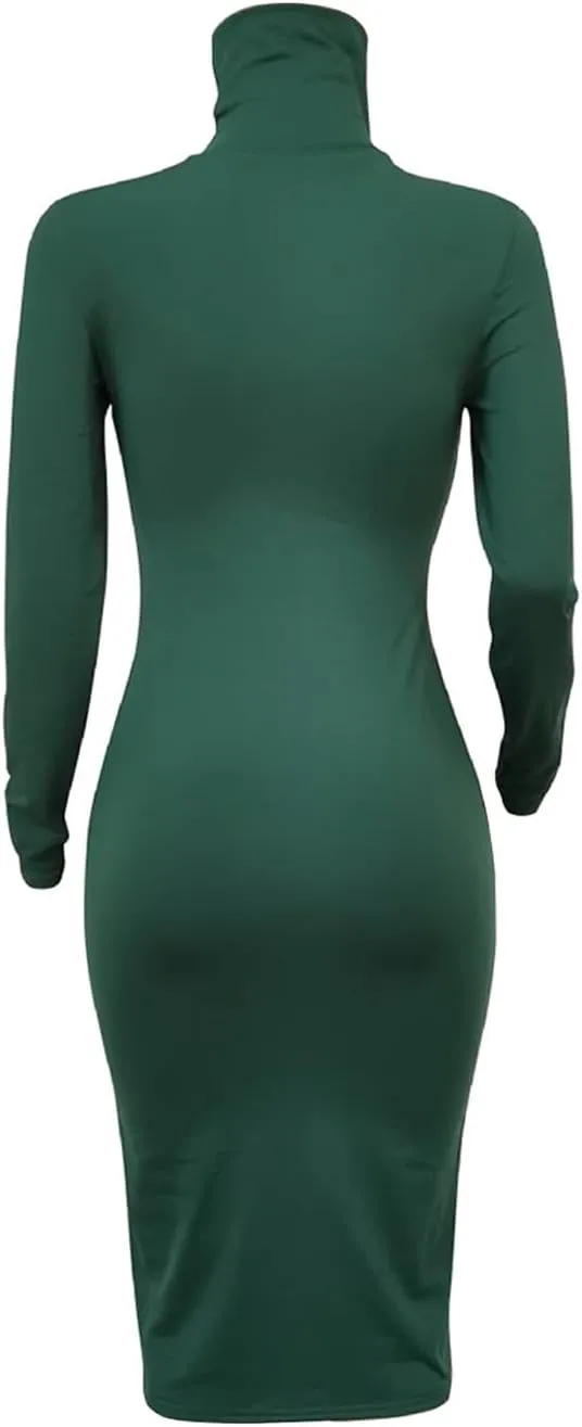 Women's Long Sleeve Turtleneck Dresses 2024 Trendy Sexy Basic Mock Neck Midi Dresses Holiday Party Bodycon Pencil Dress