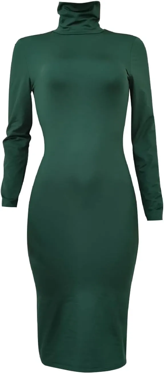 Women's Long Sleeve Turtleneck Dresses 2024 Trendy Sexy Basic Mock Neck Midi Dresses Holiday Party Bodycon Pencil Dress