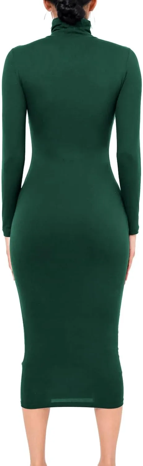 Women's Long Sleeve Turtleneck Dresses 2024 Trendy Sexy Basic Mock Neck Midi Dresses Holiday Party Bodycon Pencil Dress