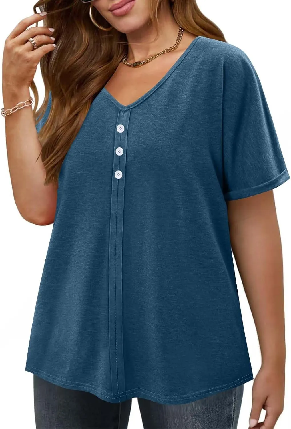 Womens Plus Size Tops Casual V Neck Short Sleeve Casual T Shirts Dressy Front Pleated Loose Basic Tunic Tees