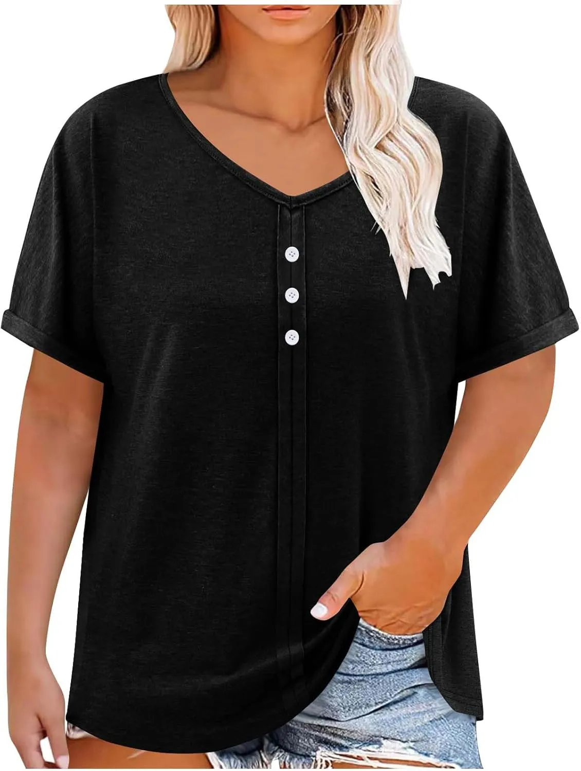 Womens Plus Size Tops Casual V Neck Short Sleeve Casual T Shirts Dressy Front Pleated Loose Basic Tunic Tees
