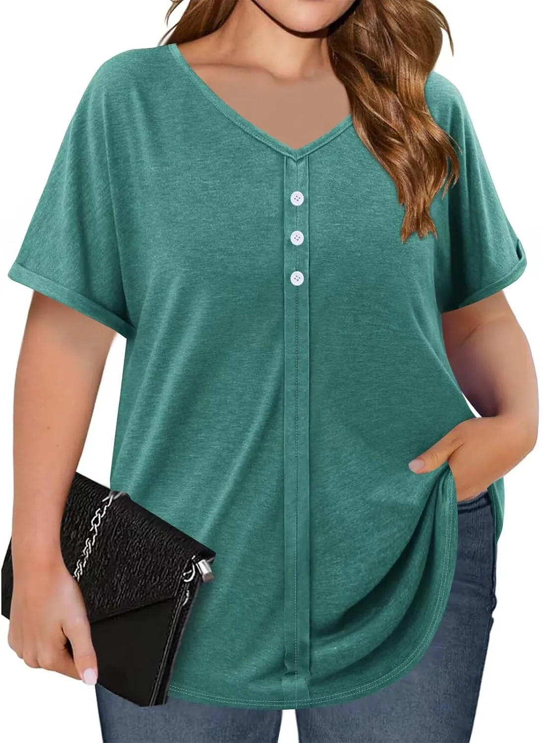 Womens Plus Size Tops Casual V Neck Short Sleeve Casual T Shirts Dressy Front Pleated Loose Basic Tunic Tees