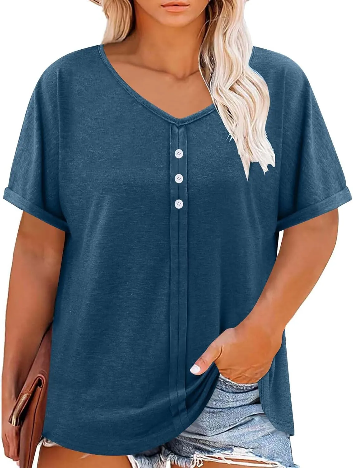 Womens Plus Size Tops Casual V Neck Short Sleeve Casual T Shirts Dressy Front Pleated Loose Basic Tunic Tees