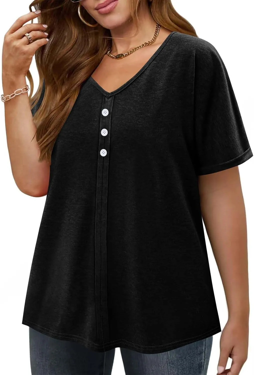 Womens Plus Size Tops Casual V Neck Short Sleeve Casual T Shirts Dressy Front Pleated Loose Basic Tunic Tees