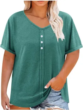 Womens Plus Size Tops Casual V Neck Short Sleeve Casual T Shirts Dressy Front Pleated Loose Basic Tunic Tees