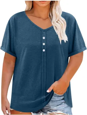 Womens Plus Size Tops Casual V Neck Short Sleeve Casual T Shirts Dressy Front Pleated Loose Basic Tunic Tees