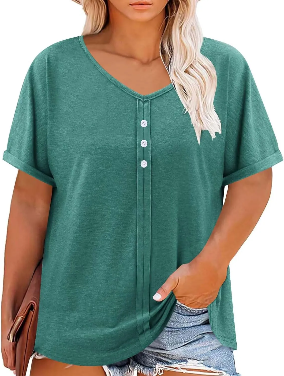 Womens Plus Size Tops Casual V Neck Short Sleeve Casual T Shirts Dressy Front Pleated Loose Basic Tunic Tees